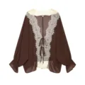 Detail view of the French lace patchwork chiffon cardigan, V-neck long sleeve sun shirt. - XS / Brown