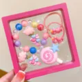 Cute children bracelet and unicorn hair ties set detail shot showing colorful beads and lovely charms. - 15# Unicorn 5-Piece Set (Includes Box)