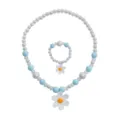 Kids pearl necklace and bracelet set with cute white daisy pendant, sweet style jewelry. - White