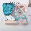 Kids mermaid sequin bag pearl necklace bracelet ring clip earrings gift set for girls - Fish Tail 6-Piece Set (Gift Box) / Blue