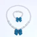 Kids pearl necklace bracelet set blue bow sweet girl dress up jewelry accessory variant - 2-Piece Set (Transparent Bag) / Dark Green