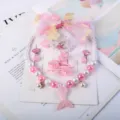 Kids Mermaid Jewelry Set Pink Pearl Necklace Princess Hair Accessories Gift Box Party Dress - Fish Tail 8-Piece Set (Cardboard) / Pink
