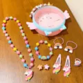 Children unicorn rainbow jewelry set necklace bracelet hair clips gift box sweet accessories - 10# Rainbow Unicorn 9-Piece Set (Includes Box)