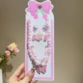 Children pink beaded jewelry set with cute butterfly pendant, detailed display of necklace and earrings. - Transparent Pink Butterfly 5-Piece Set (Cardboard Included)