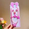 Kids pink pearl necklace bracelet earrings ring 5-piece set with cute butterfly charms. - Dark Pink Butterfly 5-Piece Set (Cardboard Included)