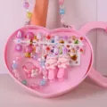Kids cute pink heart handbag hair clips bracelet press-on nails jewelry gift set for little girls - Cat 6-Piece Set / Gift Box / Pink