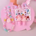 Cute children hair clip bracelet set details, pink design with cute cartoon accessories for girls. - Long Dress Doll 6-Piece Set / Card Packaged Set / Pink
