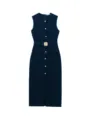 Detailed view of the dark blue sleeveless midi dress with gold buttons and belt buckle. - Navy Blue