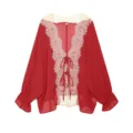 Red lace patchwork chiffon cardigan detail, V-neck long sleeve tie front women summer top. - XS / Red