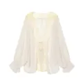 Beige chiffon lace cardigan, V-neck, long sleeves, elegant summer sun protection shirt. - XS / Off White
