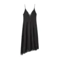 Detailed view of black satin slip dress with exquisite lace trim on v-neck and hem. - XS / Black