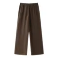 Pantalon large classique en lin marron foncé pour femme avec taille élastique à cordon. - XS / Bas / Brun Foncé