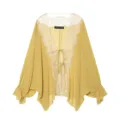 Close-up detail of the elegant lace patchwork chiffon cardigan with V-neck and tie. - XS / Yellow