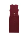 Robe midi sans manches bordeaux avec boutons dorés, col rond élégant et ceinture chic. - XS / Bordeaux