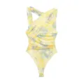 Women asymmetric ruched mesh bodysuit yellow floral spring slim top sexy elegant streetwear - Yellow