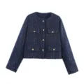 Women's Navy Blue Tweed Jacket Short Round Neck Gold Buttons Elegant Chic Outerwear - Sequin Gold Silk Navy Blue