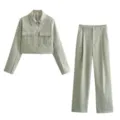 Conjunto de chaqueta corta y pantalón verde salvia, traje casual elegante mujer. - XS / Top y Pantalones / Verde