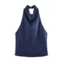 Top halter en satin bleu foncé, tissu lisse, design sans manches élégant pour la saison d'été. - Bleu Marine