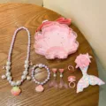 Kids pearl necklace mermaid jewelry set pink seashell bag accessories for girls toy - Pink Shell