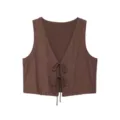 Top gilet marron texturé à col V et nouages devant, détail de vêtement d'été chic. - XS / Hauts / Marron