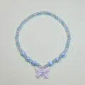Kids blue beaded necklace with cute bow butterfly pendant for sweet girls daily jewelry gift - Butterfly Necklace / Clear Bag Packaging / Light Blue