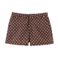 Detailansicht brauner Damen-Freizeithosen mit einem durchgehenden weißen Polka-Dot-Muster. - XS / Unterteile / Braun