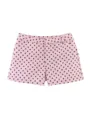 Vista detallada de pantalones cortos rosas para mujer con lunares negros clásicos. - XS / Bottoms / Rosa