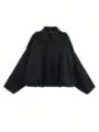 Veste bomber noire en suédine pour femmes à revers, vêtement élégant à manches chauve-souris. - Noir
