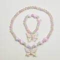 Kids cute pink and green beaded necklace and bracelet set with butterfly pendants for girls. - Butterfly Necklace 2-Piece Set / Clear Bag Packaging / Light Green