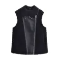 Black faux fur shearling vest detail showcasing the asymmetric zipper and plush texture. - XS / Black