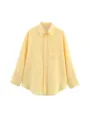 Vue detaillee de chemise femme manches longues a rayures jaunes et blanches style casual. - S / Jaune