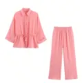 Femme rose manches longues chemise à revers et pantalon long ensemble décontracté - XS / Ensemble / Rose