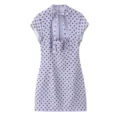 Lila Pünktchen Kleid Detail mit schickem Ausschnitt Kragen, Schleife und kurzen Ärmeln. - Lavendelfarbene Punkte