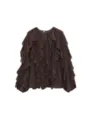 Women's dark brown V-neck long sleeve blouse featuring elegant layered ruffle front design. - Brown