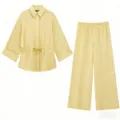 Ensemble deux pièces chemise à revers manches longues et pantalon ample femme jaune clair - XS / Ensemble / Jaune