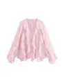 Women Pink V-Neck Long Sleeve Ruffle Layered Chiffon Blouse Elegant Chic Casual Top - Pink