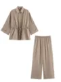 Women Casual Long Sleeve Shirt Wide Leg Pants Set Stylish Khaki Spring Outfit Daily - XS / Set / Khaki