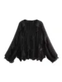Elegant black V-neck long sleeve ruffle blouse for women chic casual daily wear top - Black