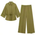 Chic olive green long sleeve shirt and wide leg trousers set for women. Casual drape outfit. - XS / Set / Green