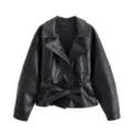 Women black faux leather jacket short belted motorcycle coat autumn fashion outerwear top - XS / Black