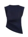 Dark blue sleeveless asymmetric top detail, fashion pleated shoulder pad clothing. - Blue