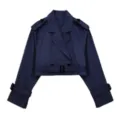 Stylish Navy Blue Cropped Trench Coat For Women Casual Lapel Short Jacket With Belt - Navy Blue