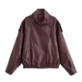 Veste en similicuir bordeaux pour femme avec col montant élégant et texture litchi. - XS / Bordeaux