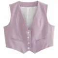 Women summer casual V-neck waistcoat crop top solid color single-breasted stylish vest - Light Purple