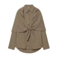 Women's French plaid tie shirt, loose lapel long-sleeve casual top, stylish detail view. - Khaki