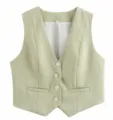 Femme décontracté vert sauge col V boutonné gilet court haut chic d'été mode - XS / Vert Citron