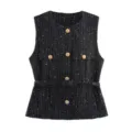 Classic black tweed vest with round neck, gold metal buttons, and chic waist belt for women. - Black Sequin