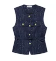 Women's navy blue tweed sleeveless vest with gold metal buttons, chest pockets, and belt. - Navy Blue