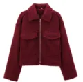 Burgundy fleece jacket women short casual coat lapel zipper pockets autumn outerwear - Burgundy