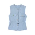 Gilet en tweed bleu clair avec boutons métalliques, col rond et ceinture assortie élégante. - XS / Bleu